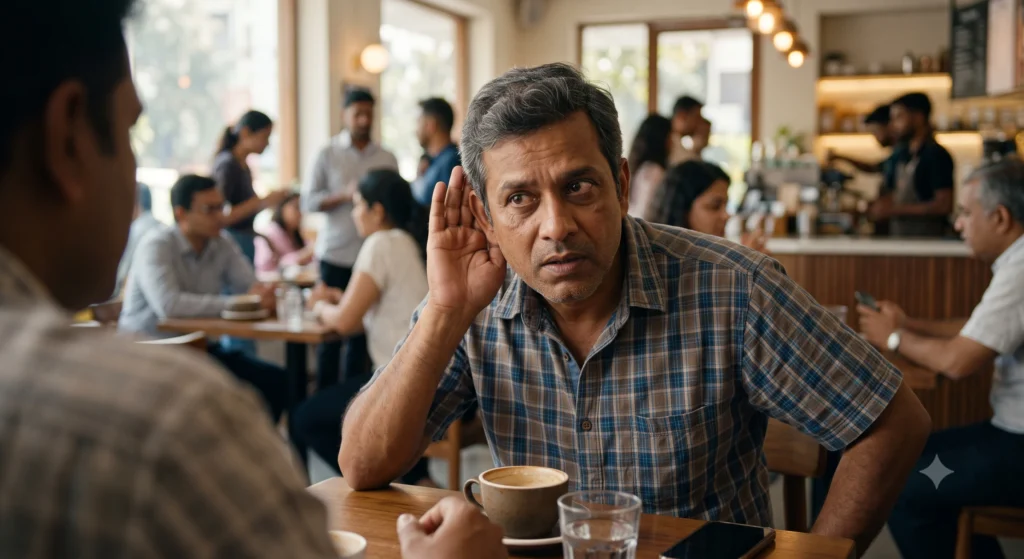 Middle-aged Indian man struggling to hear in a noisy cafe
