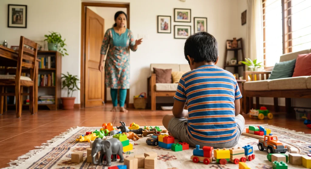 Young Indian boy ignoring his mother calling him