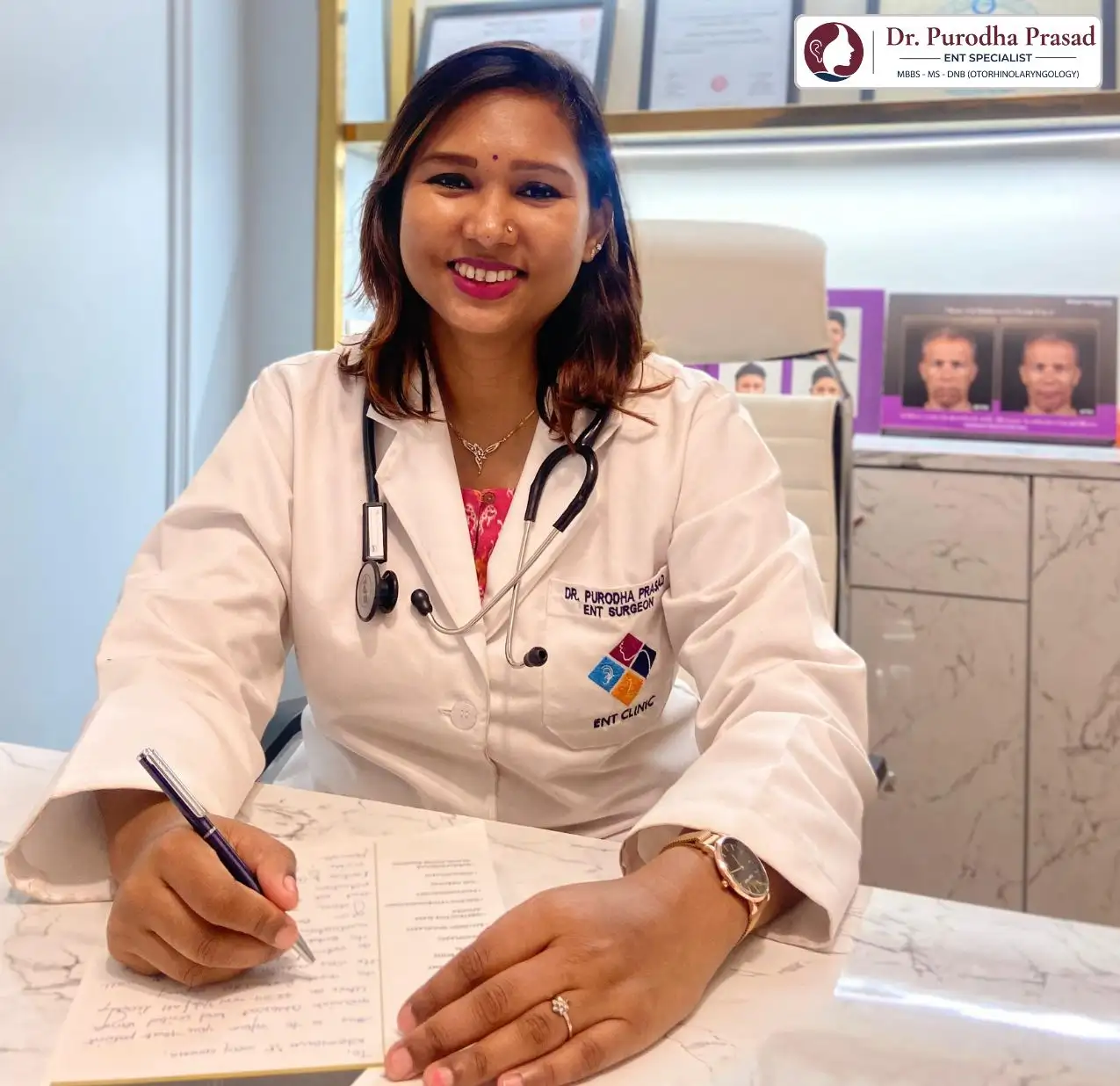 ENT Doctor Purodha Prasad in her consultation room in her ENT clinic in Green Park, South Delhi.